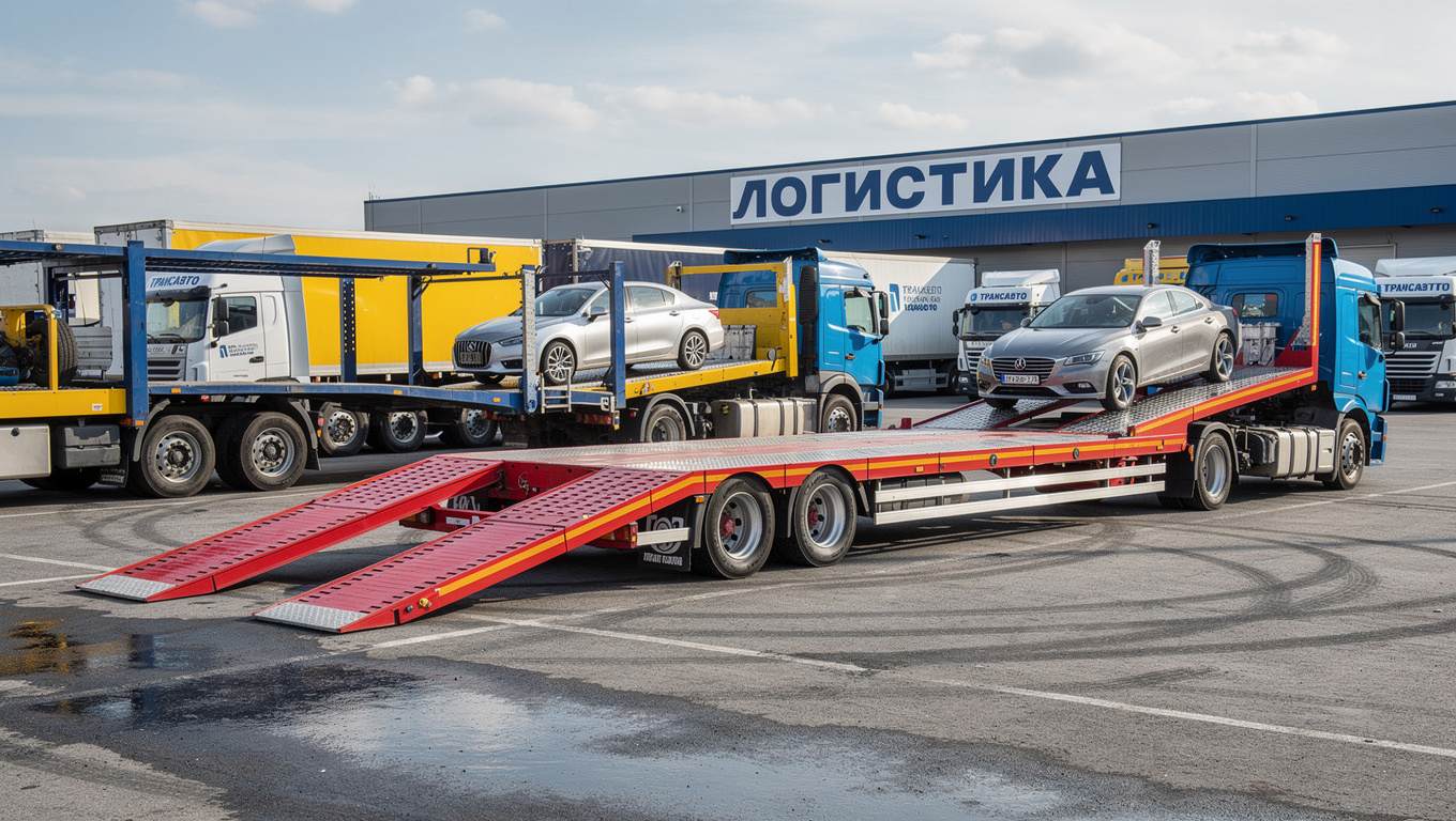 Низкорамный трал с автомобилем